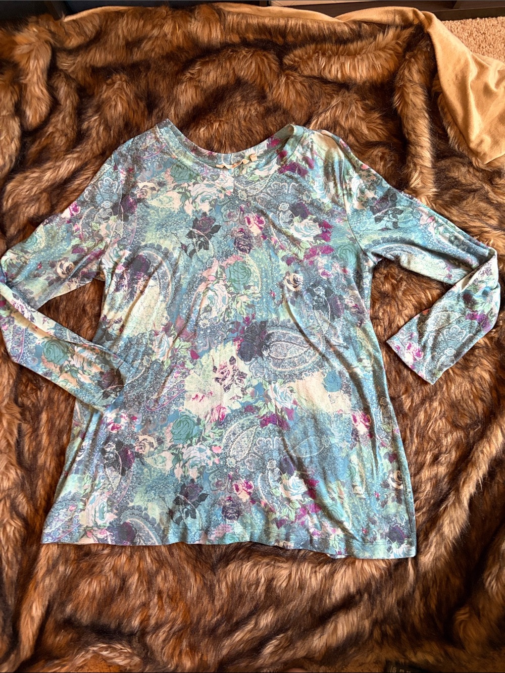 Soft Surroundings Teal, Pink and Cream Paisley Floral Long-Sleeve Top Size XL